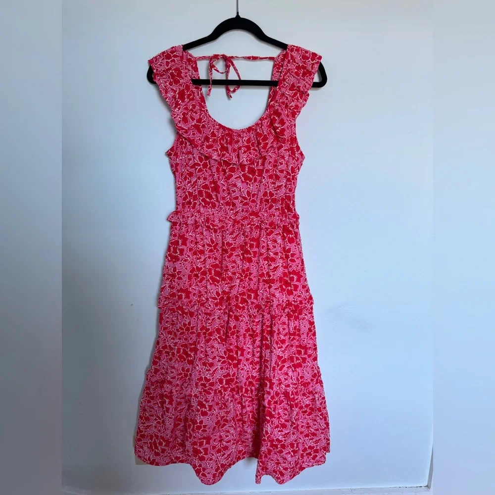 J. Crew Coral Pink Floral Tiered Midi Dress